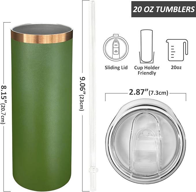 20 oz Skinny Tumblers Bulk 4 Pack, Stainless Steel Insulated Tumbler with Lids and Straws, Slim Double Wall Powder Coated Travel Coffee Mug Reusable Cup for Hot Cold Drinks (Army Green,4 pack)