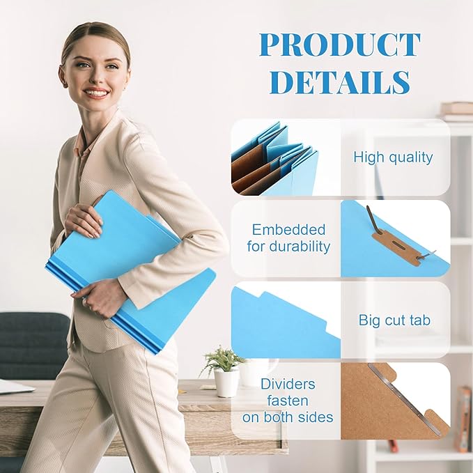 24 Pcs Classification Folders Letter Size, Back to School Supply for Teacher, Student, 3 Dividers Pressboard File Folder Bulk with 2 Fasteners, 3.5 Inch Expanding File Organizer (Blue)