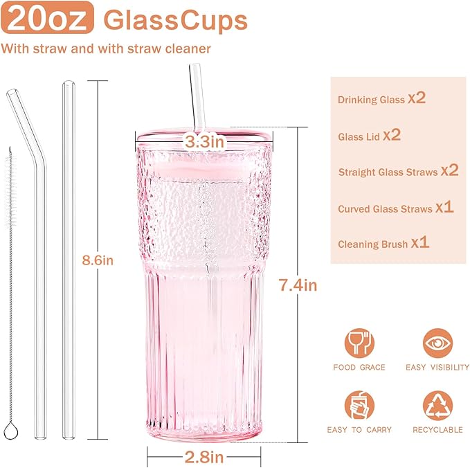 GOSCHE Glass Coffee Cups with Lids and Straws, 20oz Drinking Jar Glass Tumbler for Iced Coffee, Vintage Ripple Glassware Smoothie Cups, Pink, 2Pcs