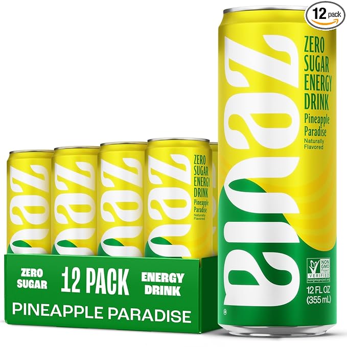Zevia Zero Sugar Energy Drink, Pineapple Paradise, 12 oz Cans (12-Pack) – Naturally Sweetened, Non-GMO Project Verified, Gluten-Free, Vegan