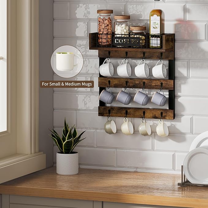 YINMIT Coffee Mug Holder Wall Mounted, Wood Mug Racks with 12 Hooks, Coffee Cup Holder for Wall with Storage Shelf, Cups Rack for Home, Kitchen