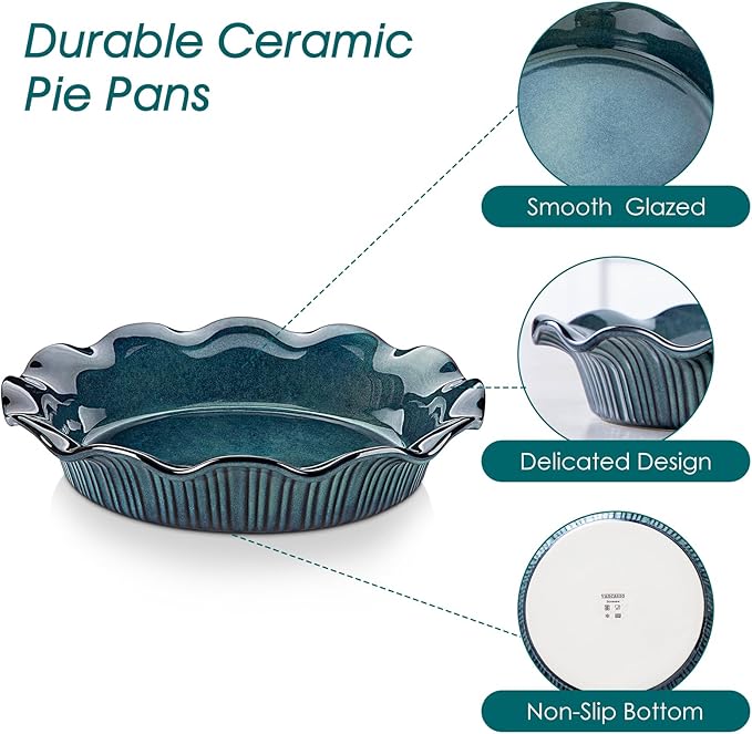 vancasso Stern Ceramic Pie Pan, 9 inch Pie Pans with Ruffled Edge, Deep Pie Dishes for Baking, Round Pie Plates for Apple, Quiche, Pot Pies, Tart, Oven & Dishwasher Safe, Set of 2, Green