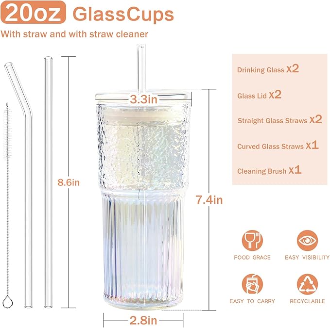 GOSCHE 20oz Glass Cups with Straws and Lids, Drinking Jar 2 Packs, Iced Coffee Cups Glass Tumblers for Water Smoothie Milkshake, Iridescent