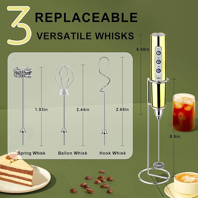 YUSWKO Champagne Gold Handheld Milk Frother Wand with Stand for Coffee, Rechargeable Electric Whisk with 3 Heads 3 Speeds Drink Mixer Coffee Frother For Latte, Cappuccino, Hot Chocolate, Egg