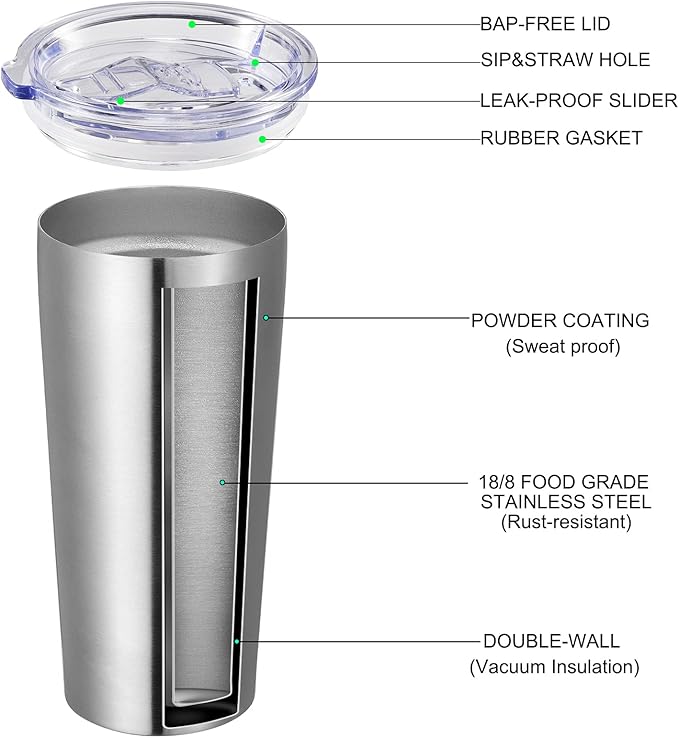 VEGOND 20oz Tumbler Bulk with Lid and Straw 12 Pack, Stainless Steel Vacuum Insulated Tumbler, Double Wall Coffee Cup Travel Mug, Stainless Steel