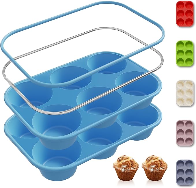 2 Pack 6 Cups Jumbo Muffin Pan with Metal Reinforced Frame Silicone Molds Cupcake Cake Baking Pans Oven Safe Silicone Molds Cookie Muffin Pan Tin Best Baking Sheets Non Toxic Clearance