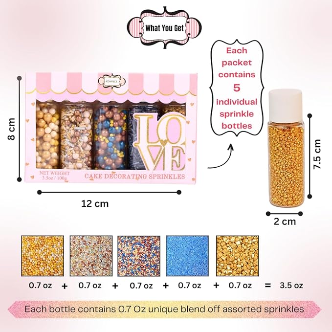 Confect Cake Decorating Sprinkles |Edible Pearl Sprinkles | Mix Gold White Blue & Yellow Pearl Dragees | Blue Jimmies | Gold Sparkling Sugar | Glam Sprinkles | Vegan, Gluten-Free, Nut-Free, Soy-Free, Dairy-Free, Palm Oil-Free - 5 Oz