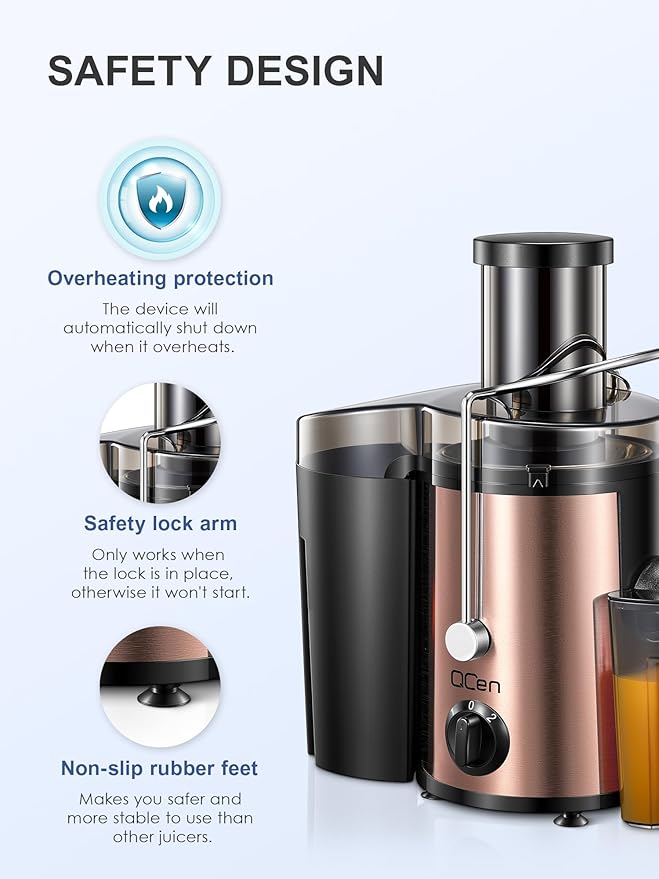 QCen Juicer Machine, 500W Centrifugal Juicer Extractor with Wide Mouth 3” Feed Chute for Fruit Vegetable, Easy to Clean, Stainless Steel, BPA-free (Rose Gold)