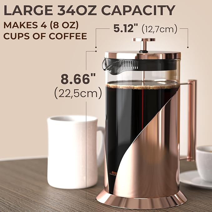 Cafe Du Chateau Stainless Steel French Press Coffee Maker - 34oz Insulated Coffee Press with 4-Level Filtration, BPA Free, Durable Glass, Great for Tea