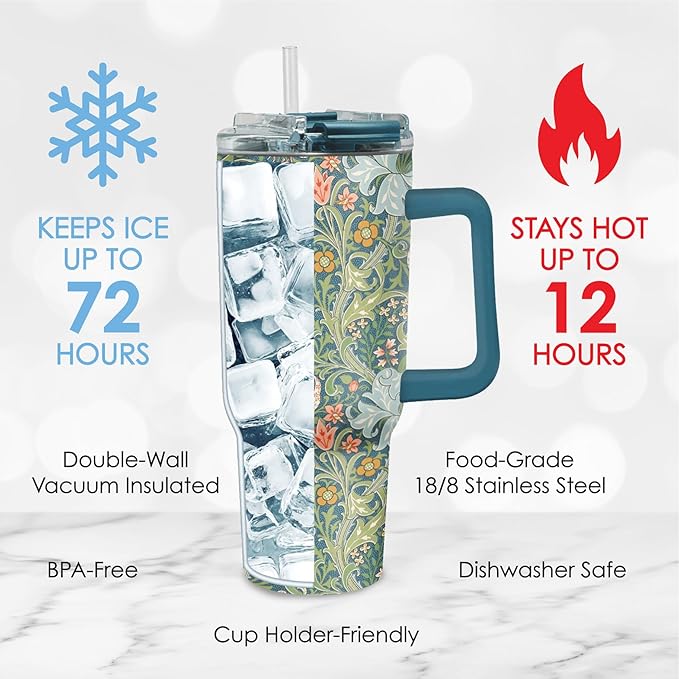 RainCaper 18/8 Stainless Steel Insulated Water Tumbler with Straw | 30oz, BPA-Free, Double Wall for Hot & Cold | Travel-Friendly, Cup Holder Ready (William Morris Morris Golden Lily)