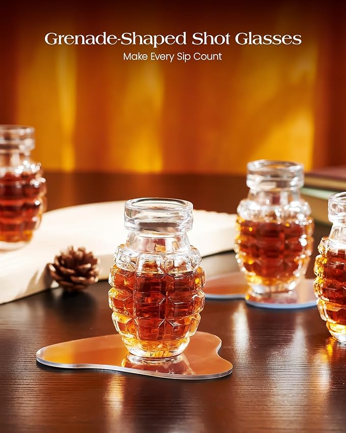 Kollea Grenade Shaped Shot Glass Set, Shot Cups with Heavy Base for Whiskey, Tequila, Vodka, Liquors, Set Of 6, 2.37 oz
