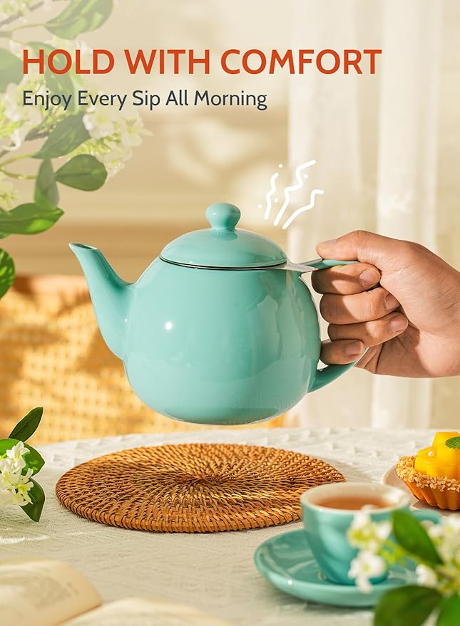 Sweese Teapots for Tea, 27 oz Porcelain Tea pot with Removable Stainless Steel Infuser, Tea Pots for Loose Tea - Mint Green