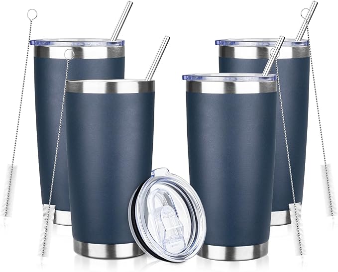 20oz Tumbler Bulk with Lid and Straw, Stainless Steel Double Wall Vacuum Insulated Travel Mug, Powder Coated Coffee Cups for Hot and Cold Drinks,Funny Gifts for Women Men(Navy Blue,4)