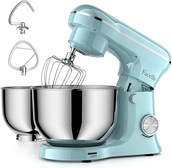Facelle Tilt-Head Stand Mixer, 5QT+6QT Stainless Steel Two Bowls, 10 Speeds Kitchen Electric Food Mixer with Egg Whisk, Dough Hook, Beater, Dishwasher-Safe Attachment, Ideal Gift for Mom