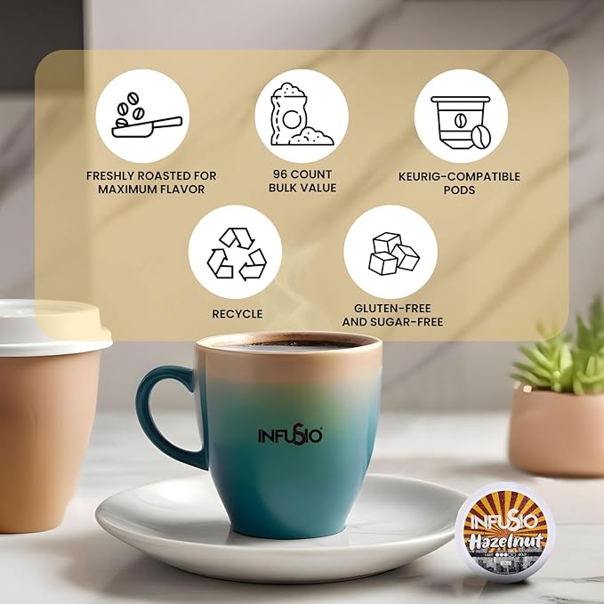 InfuSio Hazelnut Coffee Pods, Single Serve Coffee Pods for Keurig K Cups Brewers - Premium Roasted 96 Count