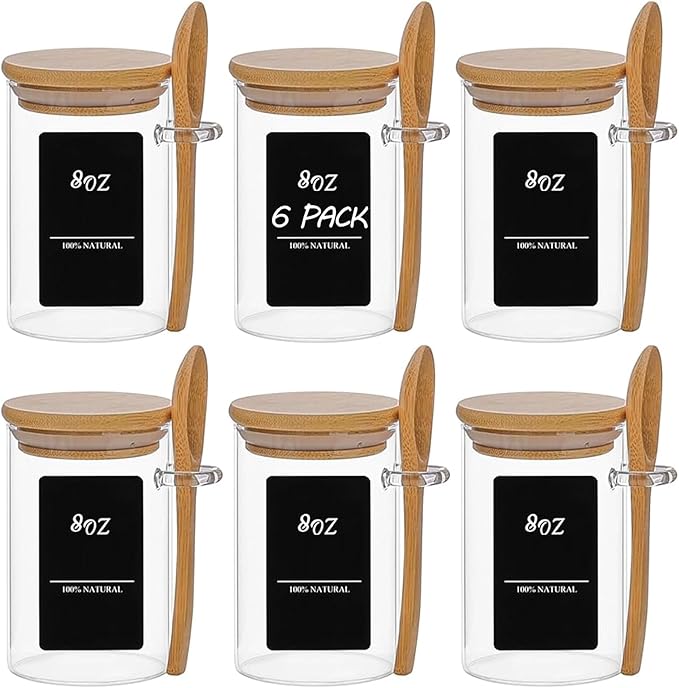 ComSaf Spice Jars with Spoon 8 oz 6Pack, Small Spice Containers Starter Set, Glass Seasoning Jars with Labels, Round Seasoning Containers for Salt, Pepper, Chili Powder, Sugar, Loose Tea Storage