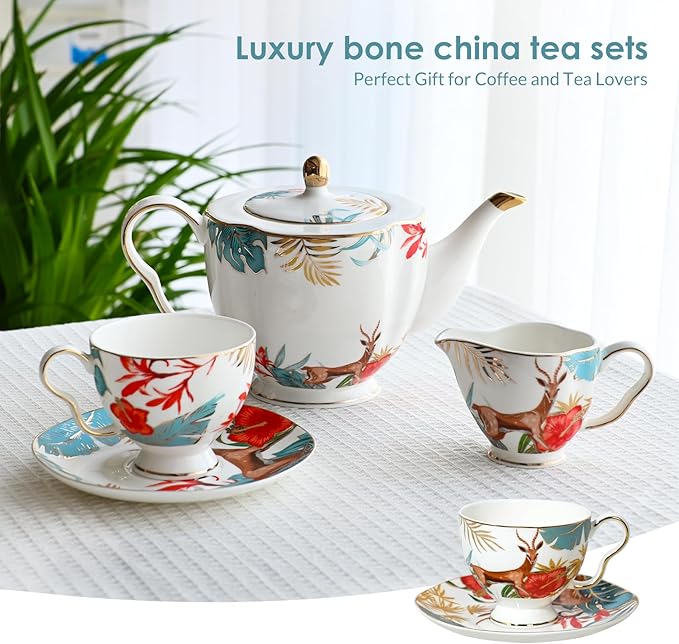 ACMLIFE Tea Cups and Saucers for 1, Bone China Teacup Set for Adults with Gold Trim and Gift Box, Deer Chinese English British Wedding Tea Set for One Coffee Cup Set 6.8 oz (Red-Deer)