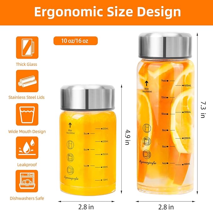 Glass Juice Bottles 4 Pack 16 oz - Wide Mouth Glass Water Bottles with Lids - for Juicing, Smoothies, Milk, Protein, BPA Free, Reusable, Stainless Steel Lids, Leak Proof, Shaker bottle [16oz/500ml]