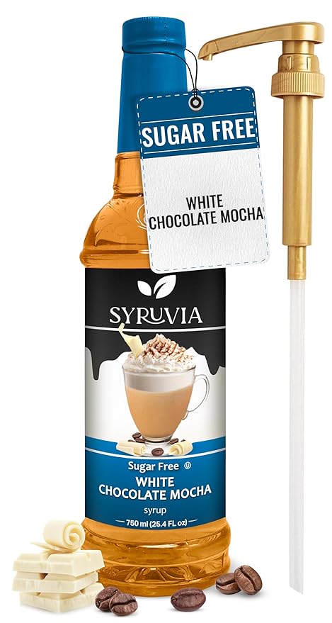 Syruvia Sugar Free Coffee Syrup, White Chocolate Mocha Flavored Syrup for Drinks, Lattes, and Desserts – 25.4 fl oz, With Pump