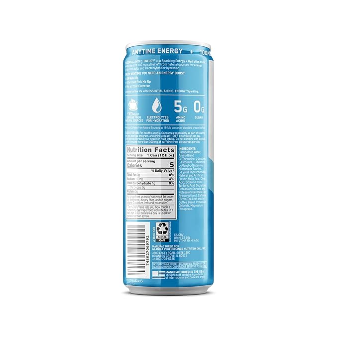 Optimum Nutrition Amino Energy Sparkling Hydration Drink, Electrolytes, Caffeine, Amino Acids, BCAAs, Sugar Free, NEW Blue Raspberry Rush, 12 Fl Oz, 12 Pack (Packaging May Vary)