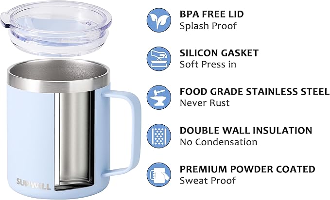 SUNWILL Insulated Coffee Mug with Lid, Travel Tumbler with Handle, 14 oz Stainless Steel Cup for Camping, Office, Home, Powder Coated Iceberg