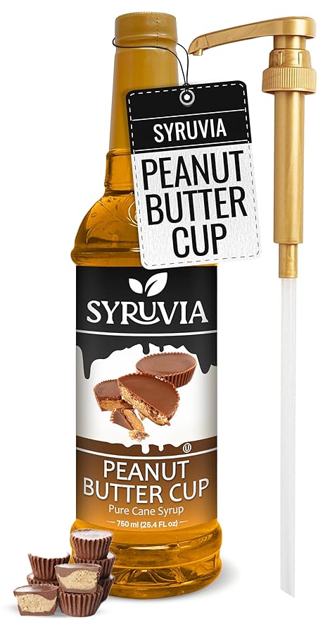 Syruvia Coffee Syrup, Peanut Butter Cup Flavored Syrup for Drinks, Lattes, and Desserts – 25.4 fl oz, With Pump