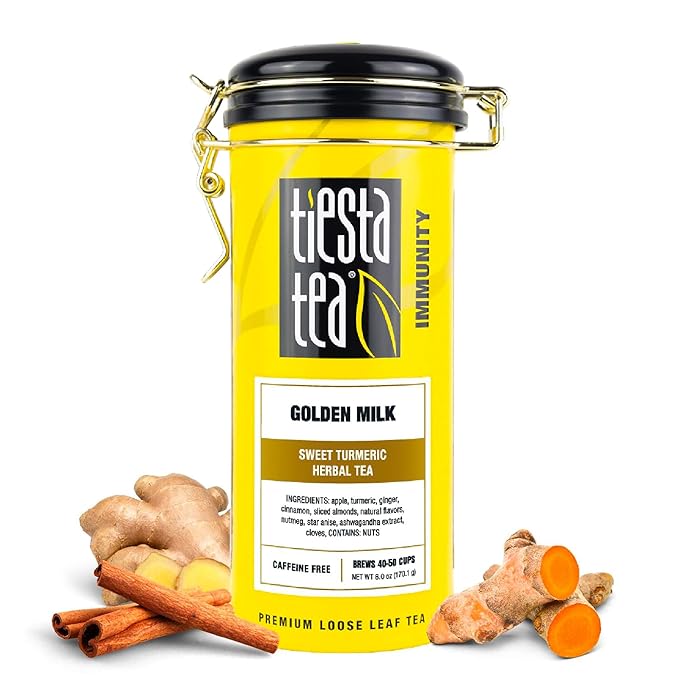 Tiesta Tea - Golden Milk, Loose Leaf, Sweet Turmeric Herbal Brew, Non-Caffeinated Herbal Blend, Makes Hot or Iced Up to 40-50 Cups, 6oz Refillable Tin