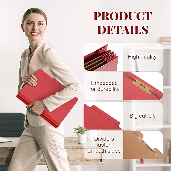 72 Pcs Classification Folders Letter Size, Back to School Supply for Teacher, Student, 3 Dividers Pressboard File Folder Bulk with 2 Fasteners, 3.5 Inch Expanding File Organizer (Red)