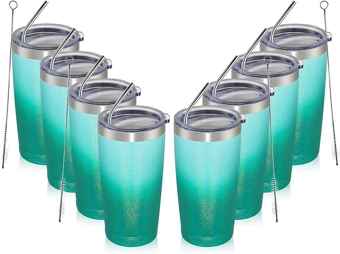 MEWAY 20oz Tumbler 8 Pack Double Wall Vacuum Insulated Travel Glitter Mug Bulk, Stainless Steel Tumblers with Lid and Straw, Powder Coated Coffee Cups for Woman(Gradient Green,Set of 8)