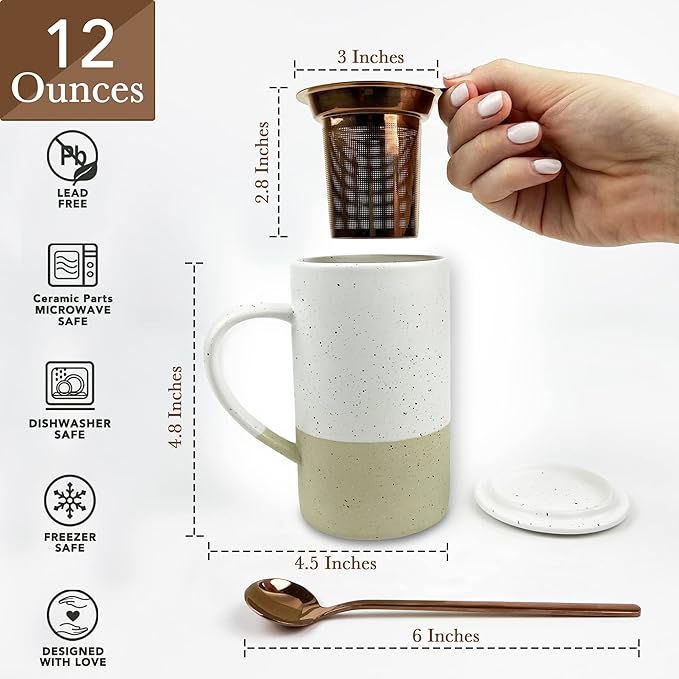 Mora Ceramics Tea Cup with Loose Leaf Infuser, Spoon and Lid, 12 oz, Microwave and Dishwasher Safe Coffee Mug - Rustic Matte Ceramic Glaze, Modern Herbal Tea Strainer - Great Gift for Women, Limestone