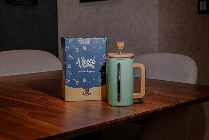 French Press Coffee Maker - 34 oz large Coffee Press with Bamboo Wood Handle, mint green, Heat Resistant Thick Borosilicate Glass carafe, 2 Layer Filter, Stainless Steel Long-lasting easy to use