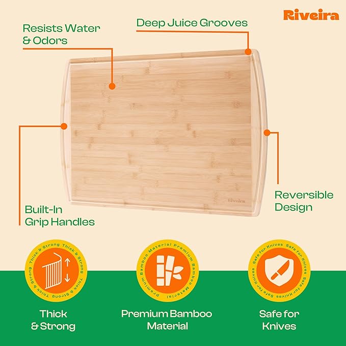 Riveira Two Tone Bamboo Wood Cutting Board – Gourmet Bamboo Grandeur: 20 x 30 Wooden Cutting Board – Wooden Cutting Boards For Kitchen Decorative – Innovative Juice Grooves Wooden Chopping Board