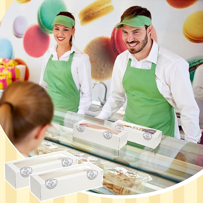 Sherr 50 Pcs White Macaron Boxes with Window, Cookies Boxes with 200 Pcs Stickers Long Bakery & Dessert Gifts Containers for Donuts, Pastry, Chocolate Covered Strawberry