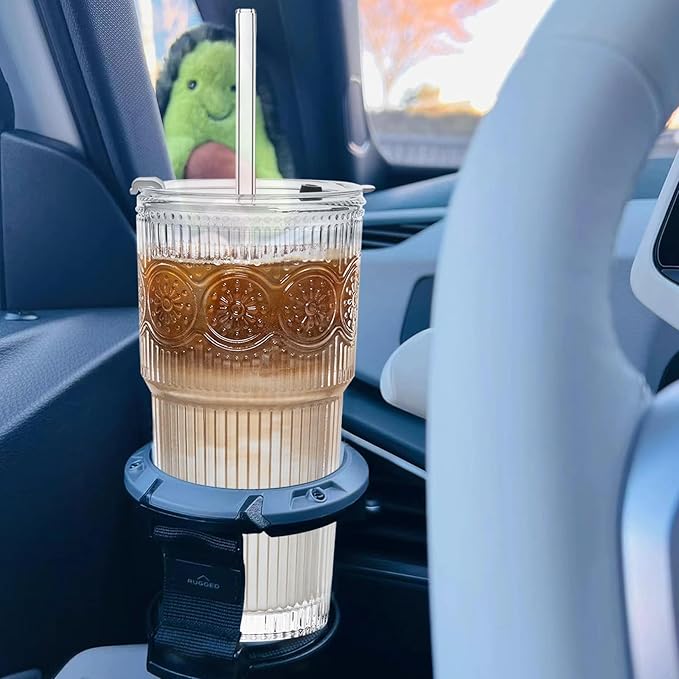INSETLAN 20oz Ribbed & Floral Glass Tumblers with Lids and Glass Straws, Set of 4 – Iced Coffee Cups, Reusable Drinking Glasses for Water, Smoothies, Tea, and Juice – Perfect for Travel & Daily Use