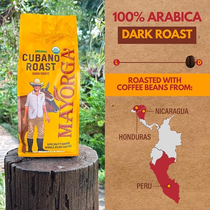 Mayorga Organic Coffee 2lb Cafe Cubano Roast - Dark Roast Whole Bean Specialty Grade Coffee, 100% Arabica, Slow Roasted, Bold and Smooth Flavor with Low Acidity - USDA Organic, Non-GMO, Kosher