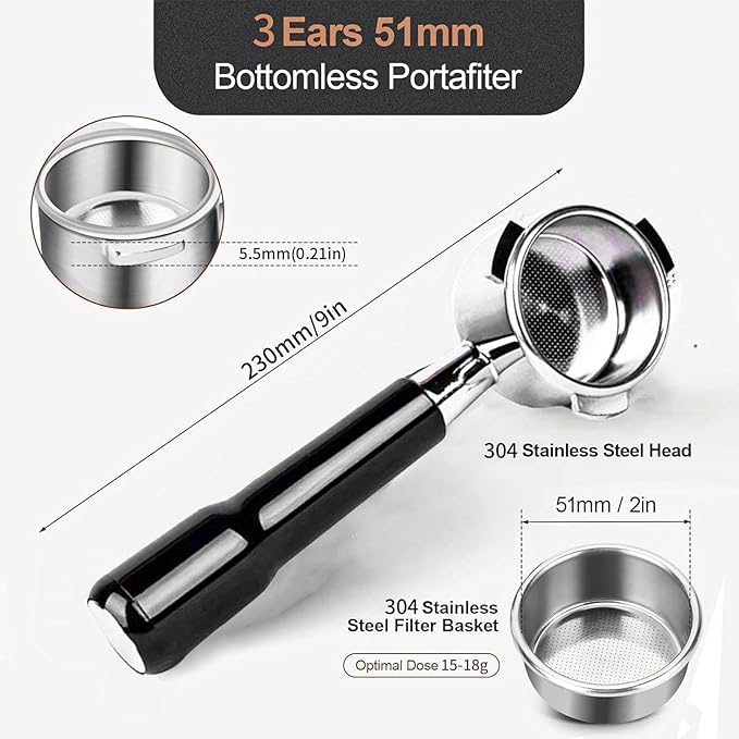 51mm Bottomless Portafilter for Delonghi Dedica EC680, EC685,SMEG and EUPA Coffee Machines, 3-Ear Design, Stainless Steel 51mm portafilter with Stainless Steel Double Shot Capacity Cup Filter Basket