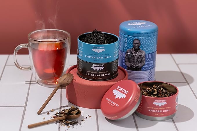 JusTea Black Tea Trio | Stacking Tins Variety Pack with Hand Carved Tea Spoon | Loose Leaf Tea | High Caffeine | Award-Winning | Fair Trade | Non-GMO