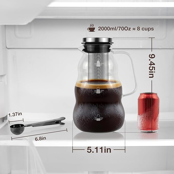 TRINIDa Cold Brew Pitcher, 2000ml/67oz High Borosilicate Glass, -4°F to 266°F, Stainless Steel 150 Mesh, Easy Clean, Family Size, Glass Pitcher, Ideal coffee gifts, Cold Brew Coffee Maker