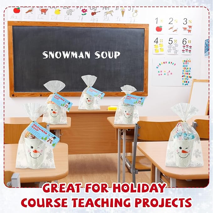 50 Sets Christmas Snowman Soup Kits for Classroom Coworker Gift 12 Oz Winter Snowman Paper Cups for Hot Cocoa Chocolate Marshmallow Soup Tags Clear Xmas Bags (Classic)
