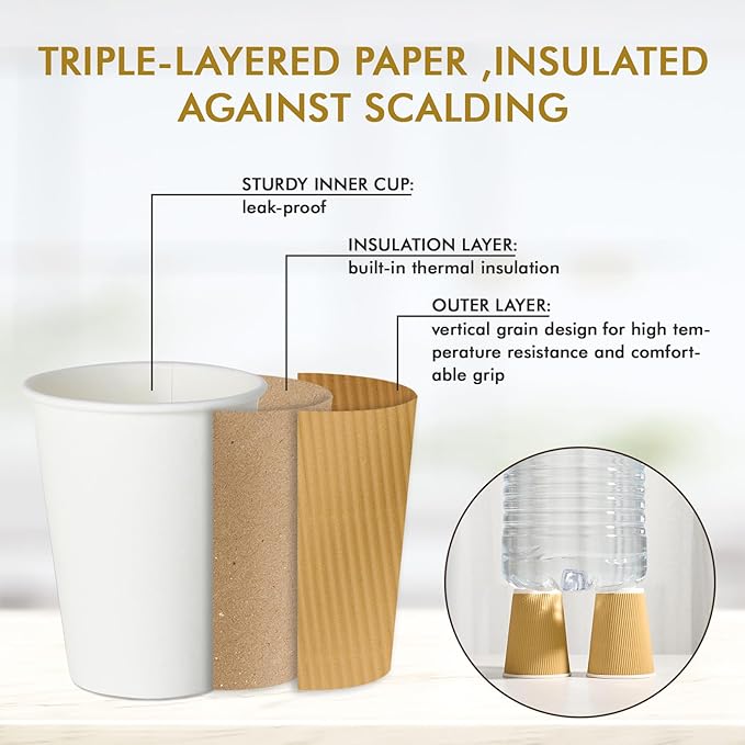 500 Pack 8 oz Paper Coffee Cups, Ripple Insulated Paper Cups, Hot Water Cups for Home, Office, Hotel, Meetings, Parties