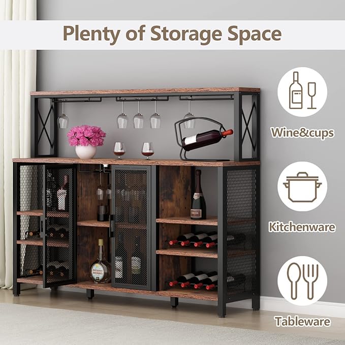 Bar Cabinet, 55 Inches Kitchen Sideboard Buffet Cabinet with Wine Rack Storage, Industry Coffee Bar Cabinet with Wine Rack and Glass Holder for Liquor and Glasses (Rustic)