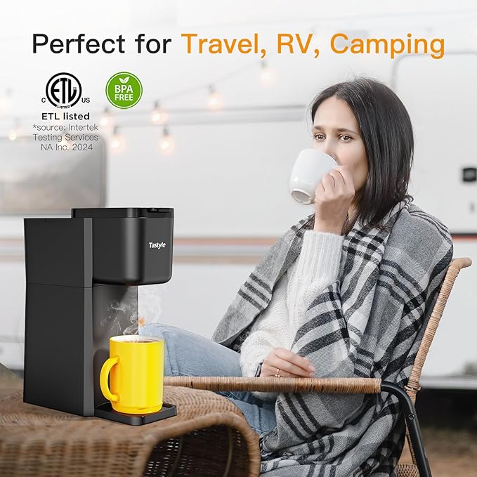 Mini Hot and Iced Coffee Maker Single Serve, for K Cup and Ground, 6 to 14 Oz Brew Sizes, with Recipe Book, for Home, Travel, RV, Office and Dorm, Classic Black (2.0 Version)
