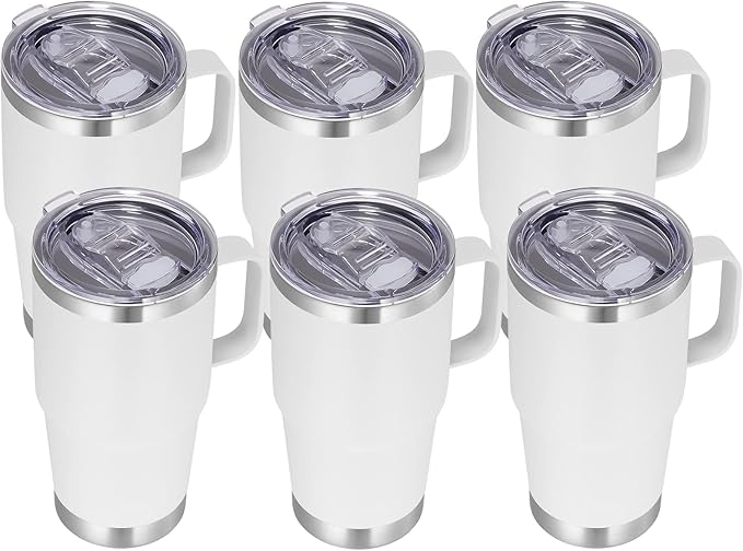 VEGOND 20 oz Tumbler Bulk with Handle Lid and Straw, Stainless Steel Insulated Travel Coffee Mug Set, Spill Proof Double Wall Metal Tumblers Cups, White 6 Pack