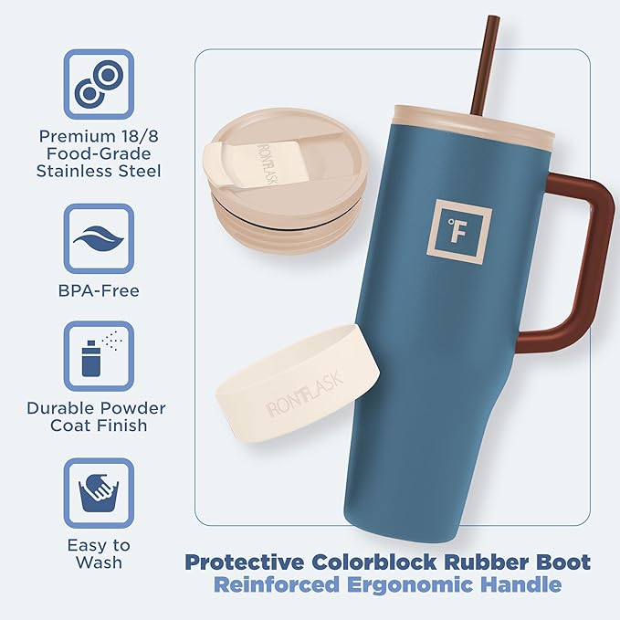 IRON °FLASK Co-Pilot Insulated Mug w/Boot, Straw & Flip Cap Lids - Cup Holder Bottle for Hot, Cold Drink - Leak-Proof - Water, Coffee Portable Travel Mug - Azure Mist, 40 Oz