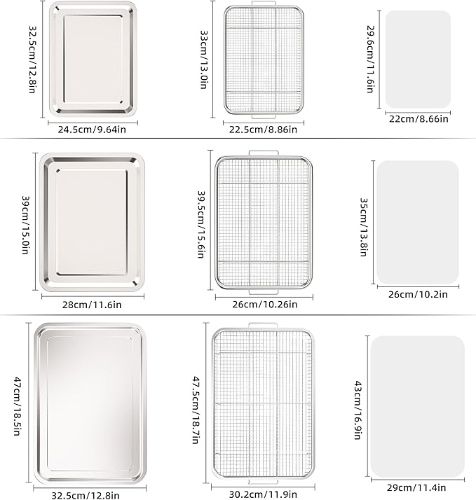 Air Fryer Basket for Oven, 3 Set Stainless Steel Oven Air Fryer Basket and Tray with 90 PCS Parchment Papers, OPENICE Air Fryer Pans and Crisper Tray - 18.7" x 12.8", 15.6" × 11.6" & 12.8" × 9.6"