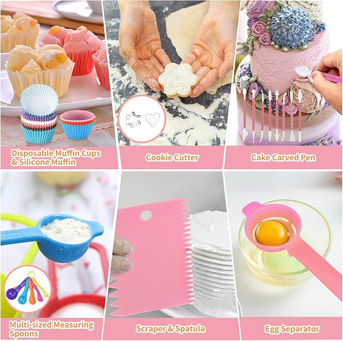 Cake Decorating Supplies Tools Kit: 358pcs Baking Accessories with Storage Case - Piping Bags and Icing Tips Set - Cupcake Cookie Frosting Fondant Bakery Set for Adults Beginners or Professional, Pink