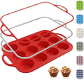 12 Cups Silicone Muffin Pan with Metal Reinforced Frame Regular Size Cupcake Pan Tray Egg Bites Silicone Circle Cookie Molds Muffin Tin Tart Pans Baking Sheet Set for Breakfast Sandwiches
