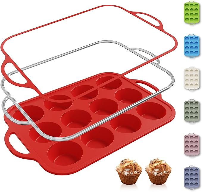 12 Cups Silicone Muffin Pan with Metal Reinforced Frame Regular Size Cupcake Pan Tray Egg Bites Silicone Circle Cookie Molds Muffin Tin Tart Pans Baking Sheet Set for Breakfast Sandwiches