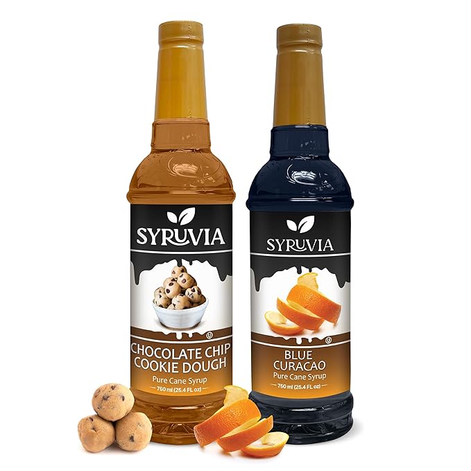 Syruvia Chocolate Chip Cookie Dough & Blue Curacao Syrup - 25.4 fl oz. Premium Coffee Flavoring Syrup. Kosher, and Gluten-Free. Ideal for Enhancing Drinks, Sodas, Shakes, Desserts, and More.