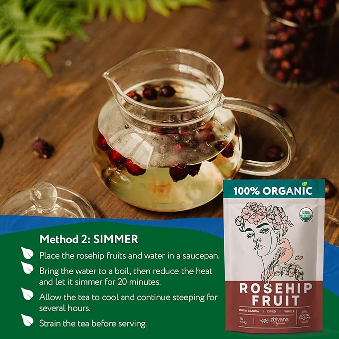 Organic Rose hips Dried Whole (16oz.) – Rosehip Fruit Tea Loose (Rosa Canina) – Source of Vitamin C from Food – European Origin